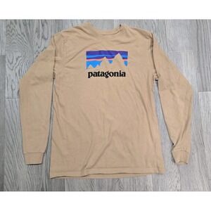 Patagonia Men's Long Sleeve Logo T-Shirt Medium Tan Brown Mountains Outdoor